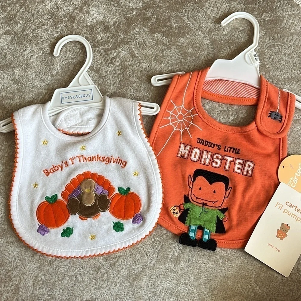 Brand New Set of 2 Cloth Baby Bibs Orange Halloween Thanksgiving Turkey Pumpkin